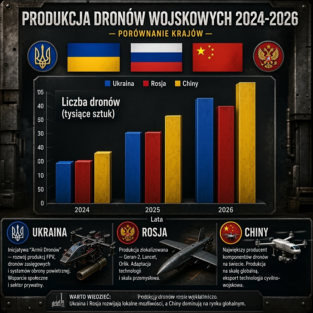 Produkcja dronów wojskowych 2024-2026 — porównanie krajów