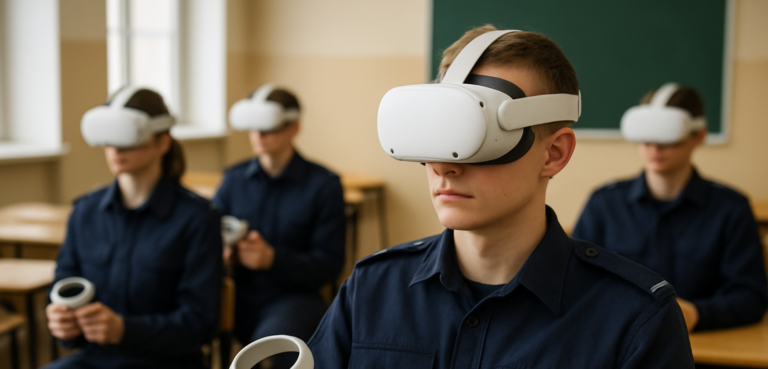 VR w szkole, uczniowie siedzący, którzy używaja aplikacji