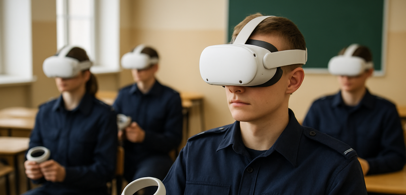 VR w szkole, uczniowie siedzący, którzy używaja aplikacji